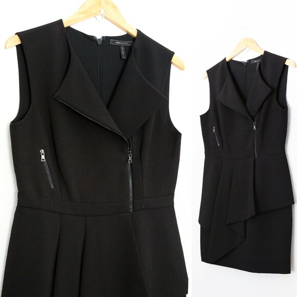 BCBGMaxAzria Black Nikki Zip Front Peplum Mini Dress 10 Stretchy Ponte Y2K $298 - Picture 7 of 14